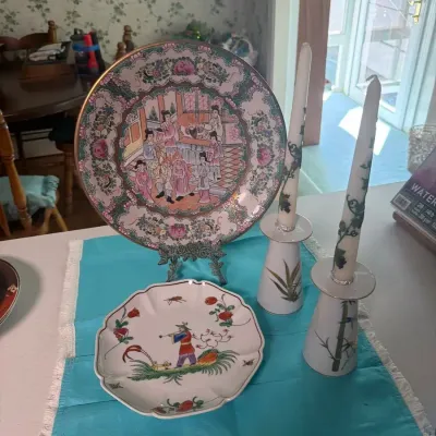 Asian-Inspired Porcelain Décor Lot – Rose Medallion Plate, Decorative Dish & Candle Holders