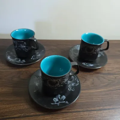 6-Pc Crown Devon Marlequin Black & Turquoise Cup & Saucer Set – England