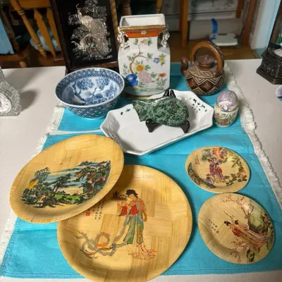 Asian-Inspired Decorative Collectibles Lot – Plates, Vase, Bowl, Teapot & Peacock Art