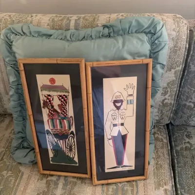 Pair of Vintage Mid-Century Whimsical Framed Prints – Bamboo-Style Frames