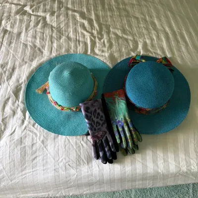 Two Turquoise Wide-Brim Sun Hats with Coordinating Fashion Gloves
