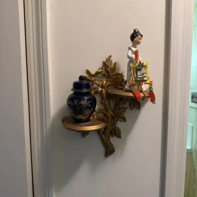 Asian-Inspired Décor Collection – Cobalt Ginger Jar, Porcelain Figurine & Gilt Wall Shelf