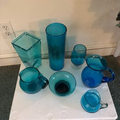Vintage Turquoise Blue Glassware Lot – Vases, Pitchers, Bowl & Cups