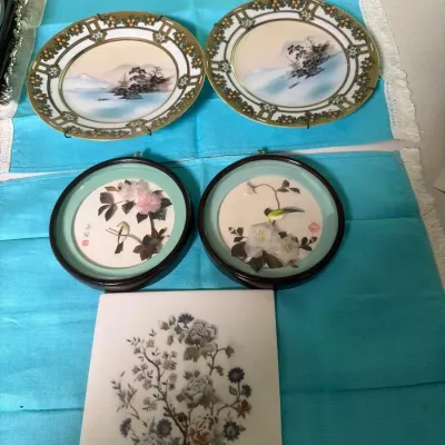 Vintage Asian Decorative Plate & Framed Bird Art Lot