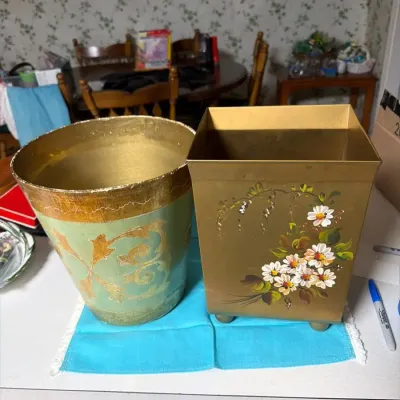 Pair of Vintage Hand-Painted Floral Wastebaskets / Decorative Containers