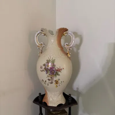 Vintage Arnart Floral Porcelain Double-Handle Vase – Gold Accents
