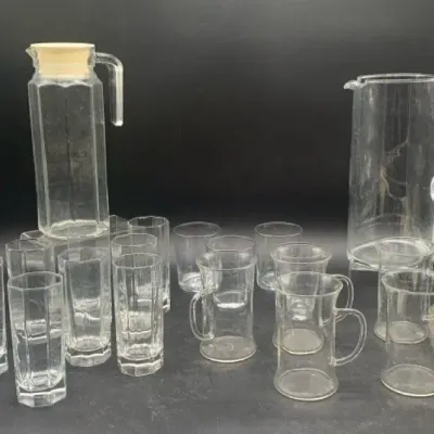 (2) Glass Pitchers and (17) Drinking Glasses 