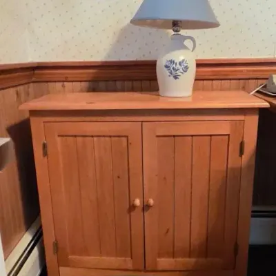 Small Storage Cabinet & Pfaltzgraff Lamp