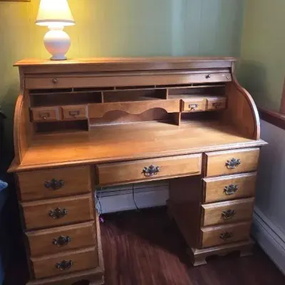 Roll Top Desk and Lamp