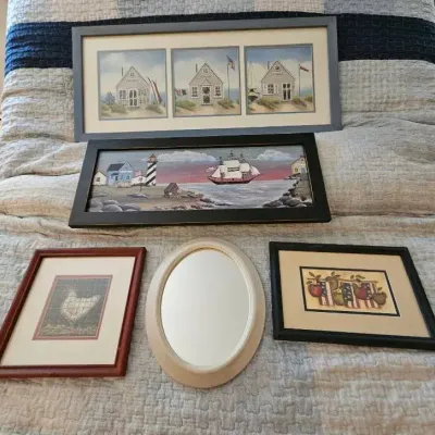 Oval Mirror & (4) Folk Art Prints