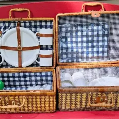 (2) Wicker Picnic Baskets with Supplies 