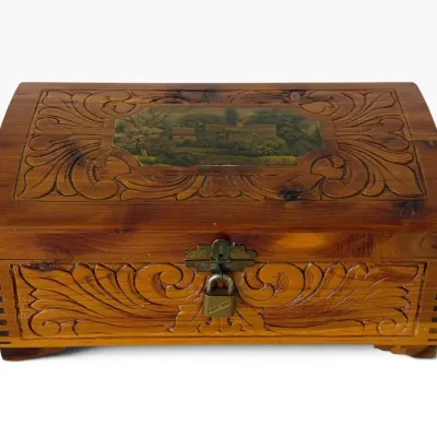 Vintage Carved Wooden Jewelry Box with Etched Floral Mirror & Lock