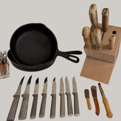 Cast Iron Skillets, Knife Block & Cutlery Collection