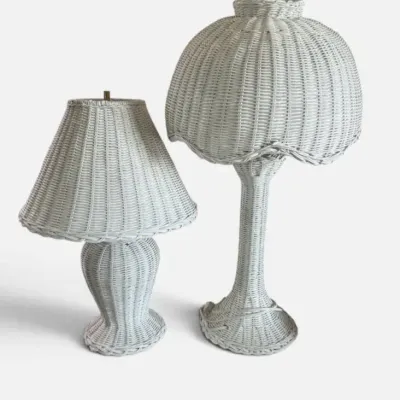 White Wicker Pair of Table Lamps with Woven Shades
