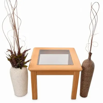 Glass Top Wood Side Table & Decorative Floor Vases