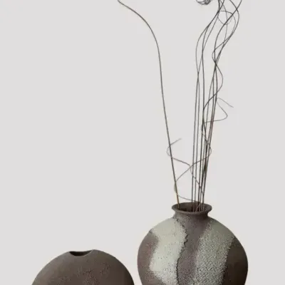 Pair of Textured Modern Sculptural Floor Vases with Decorative Branches
