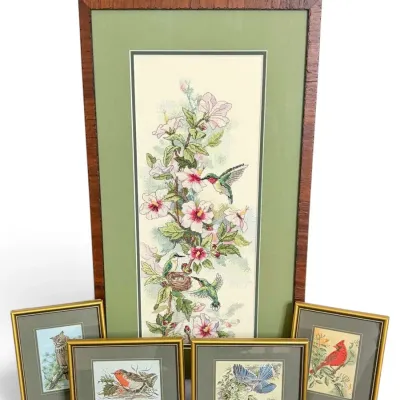 Vintage Bird & Hummingbird Needlework Wall Art Collection – 5 Pieces, Framed
