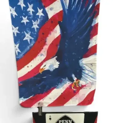 Penn Trump Motor Oil Advertising Sign, American Flag Eagle Banner & Donald Trump Commemorative Coin