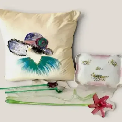 Hand-Painted Fashion Lady Pillow, Art Glass Flowers & Floral Porcelain Tray