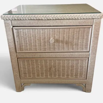 Lexington White Wicker Two-Drawer Nightstand with Glass Top – Made in USA