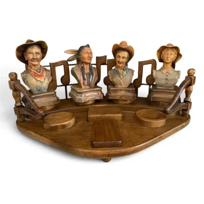 Vintage 1978 Woodchip Western Music-Themed Display with Figurine Busts