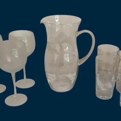Etched Palm Tree Glass Pitcher & Drinkware Set