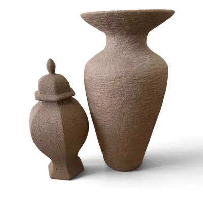 Pair of Large Textured Brown Floor Vases 