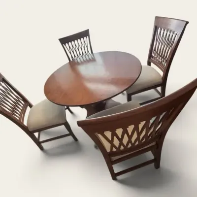 Round Wood Dining Table with Carved Pedestal & 4 Upholstered Chairs