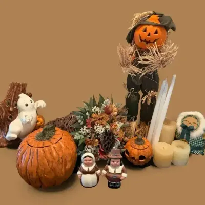 Fall & Halloween Decor Pumpkins, Scarecrow, Candles & Salt and Pepper Shakers