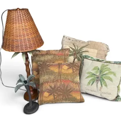 Tropical Palm Décor with Table Lamp, Palm Tree Accent & Decorative Pillows