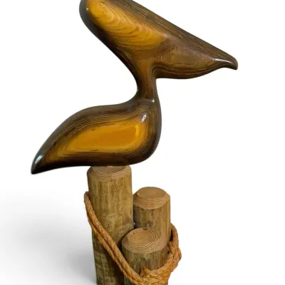 Vintage Wooden Pelican Sculpture Nautical Coastal Decor