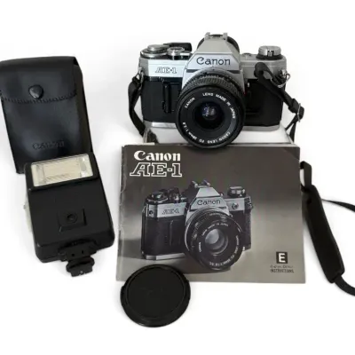 Canon AE-1 35mm Film Camera with 28mm f/2.8 Lens, Speedlite 155A Flash & Manual 