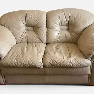 Cream Leather Tufted Loveseat Sofa
