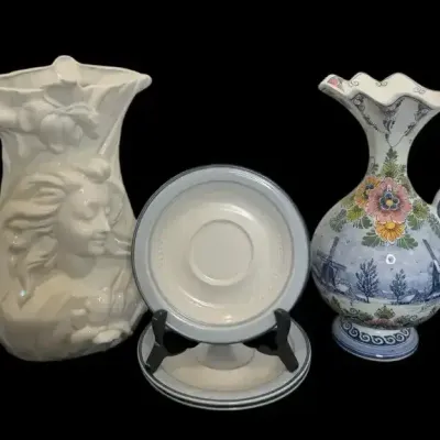 Dutch Delft Blue & White Pottery:  Hand-Painted Windmill Pitcher, Jacqueline Vase & Johann Haviland 