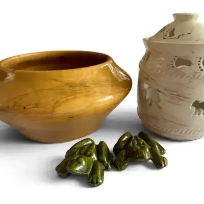 Wood Bowl, Ceramic Lidded Jar & Frog Figurines