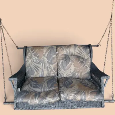 Hanging Wicker Porch Swing with Tropical Cushions 