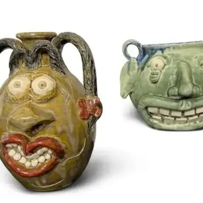 Whimsical Signed Studio Pottery Face Vessels Set of 2 