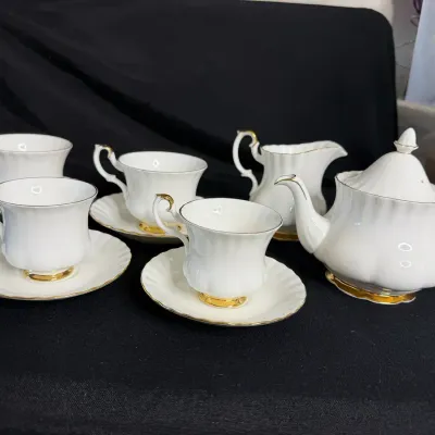 Vintage Royal Albert Val D'or Bone China Tea Set - Teapot Creamer 2 Teacups & 2 Demitasse Cups