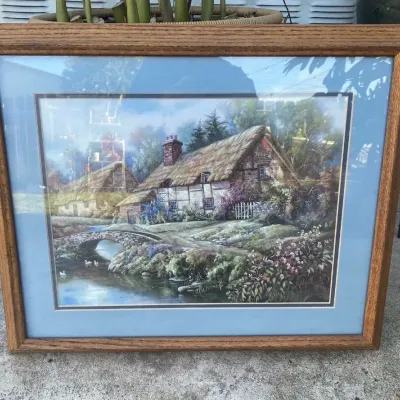 Vintage Carl Valente Framed Cottage Print Whimsical English Countryside Bridge Landscape 19” x 22.5”