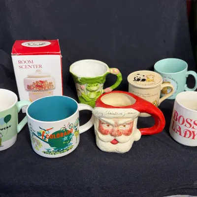 Assorted Collectible Coffee Mugs & Ceramic Decor Lot - 1949 Santa, Pier 1 Yoga Frog, Starbucks