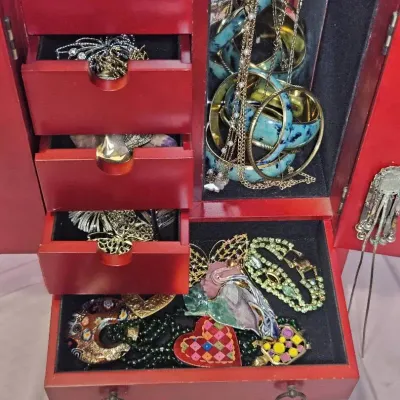 Red Butterfly Jewelry Box With Vintage Costume Jewelry 