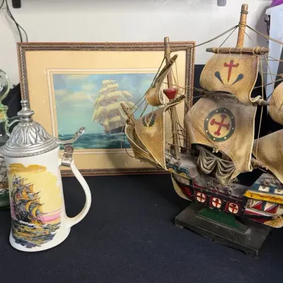 Vintage Nautical Decor Lot - Santa Maria Model Ship, Stein, Decanter & Framed Art