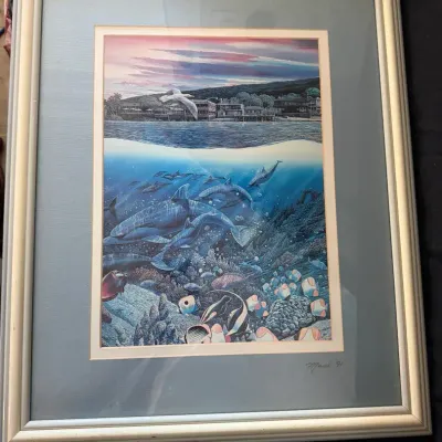 Signed Robert Lyn Nelson "Two Worlds Lahaina" Framed Marine Art Print Maui Dolphins 1991