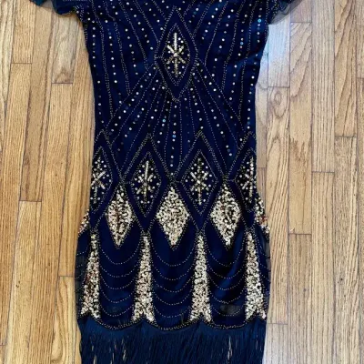 Vintage 1920s Style Black & Gold Sequin Flapper Dress with Fringe