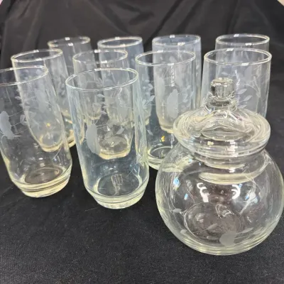 Vintage Etched Floral Glassware Set - (10) Highball Tumblers & Covered Jam Jar / Sugar Bowl