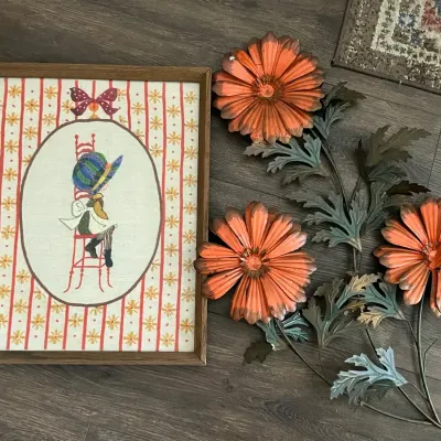 Vintage Embroidered And Metal Wall Art