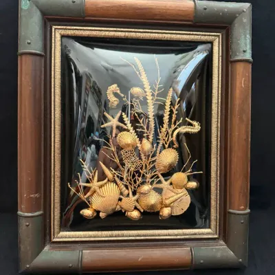 24k Gold Encased Sea Life Flora Hawaii 3D Shadow Box Nautical Wall Art 11.25” X 13.5”