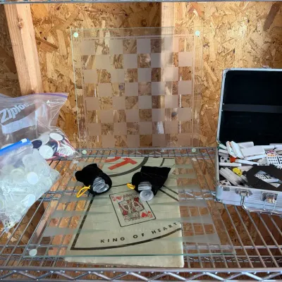 Frosted Glass Chess & Backgammon Boards w/ Pieces, Poker Chips & Dominoes Case Set