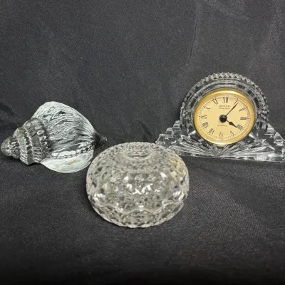 Crystal Legends Quartz Desk Clock, Omnibus Glass Shell Paperweight, & Mikasa Crystal Trinket Box