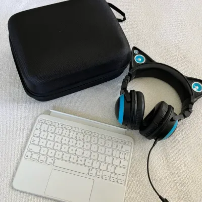 Brookstone Cat Headphones And Apple iPad Keyboard